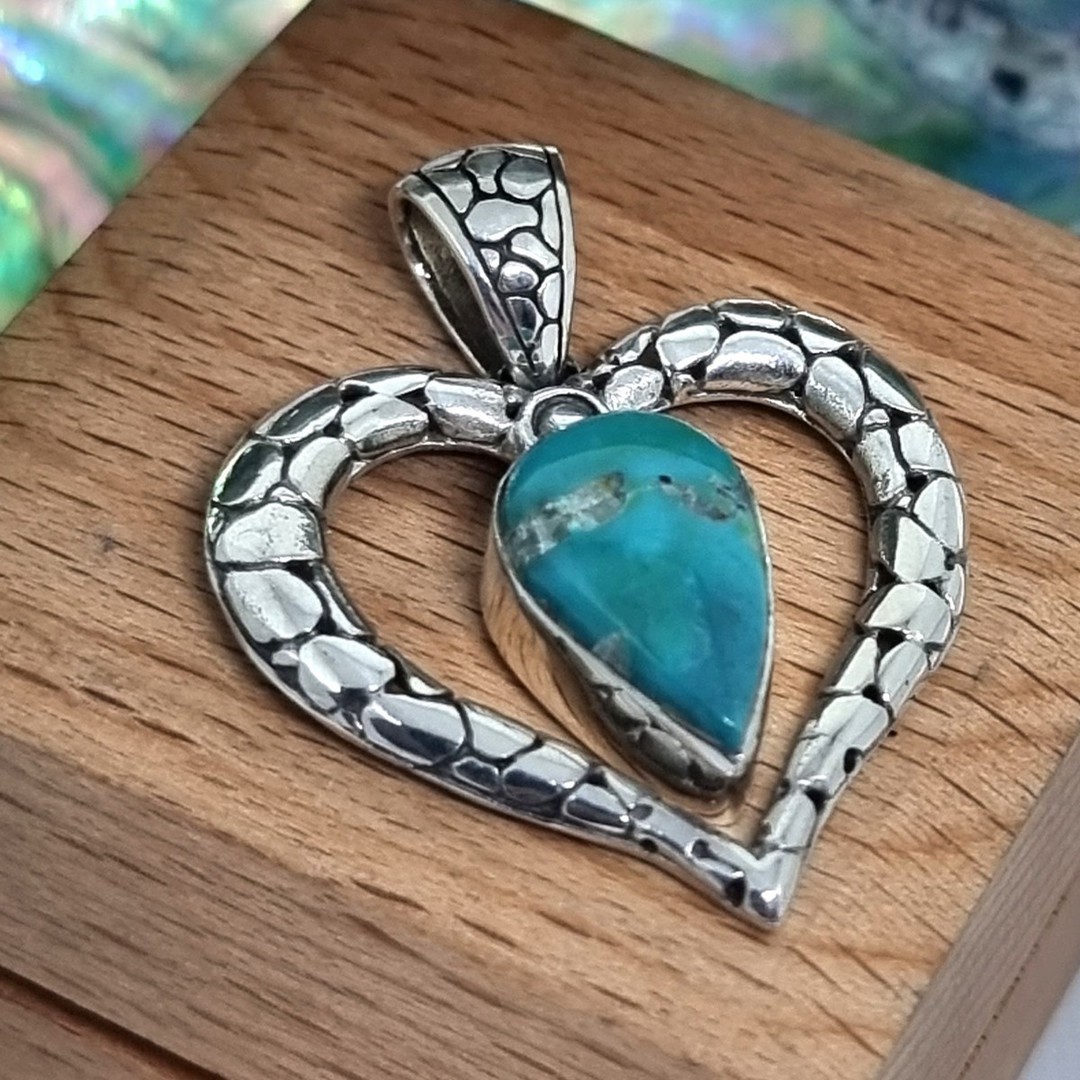 Sterling silver heart pendant with turquoise gemstone image 1